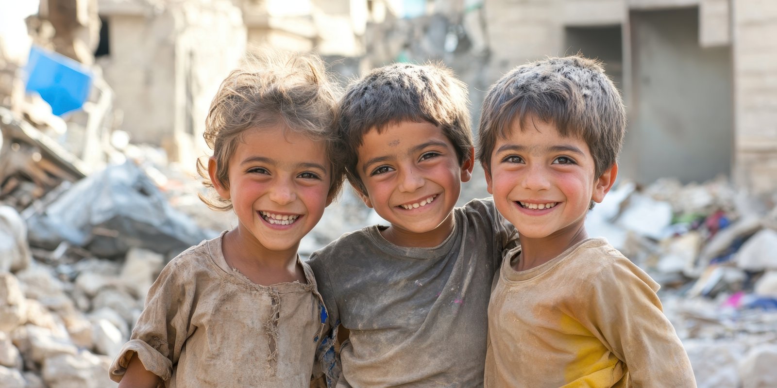 Smiling children showcasing resilience amid ruins in Gaza